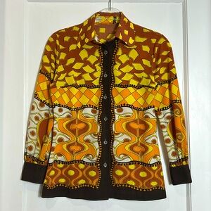 70's Vintage Polyester Top RETRO brown yellow orange M/L
